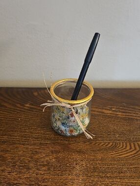 Handmade Decoupage Floral Glass Jar with Gold Rim & Raffia .